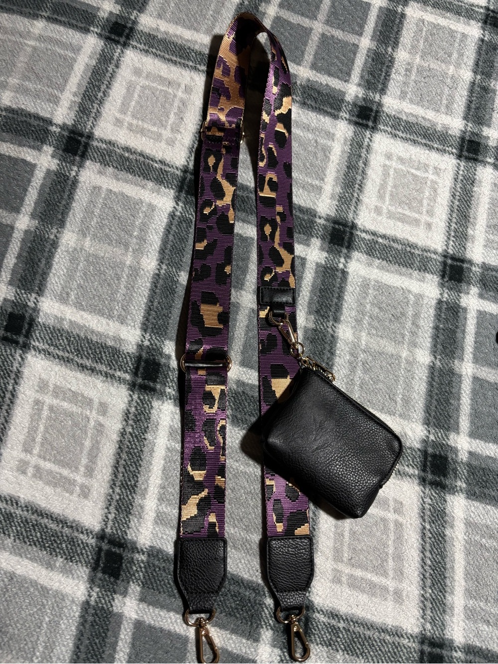 Purple black and gold print purse strap with detachable RIFD wallet